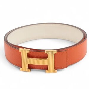 Authentic HERMES H Constance Epsom leather reversible Nata x Orange 90cm belt